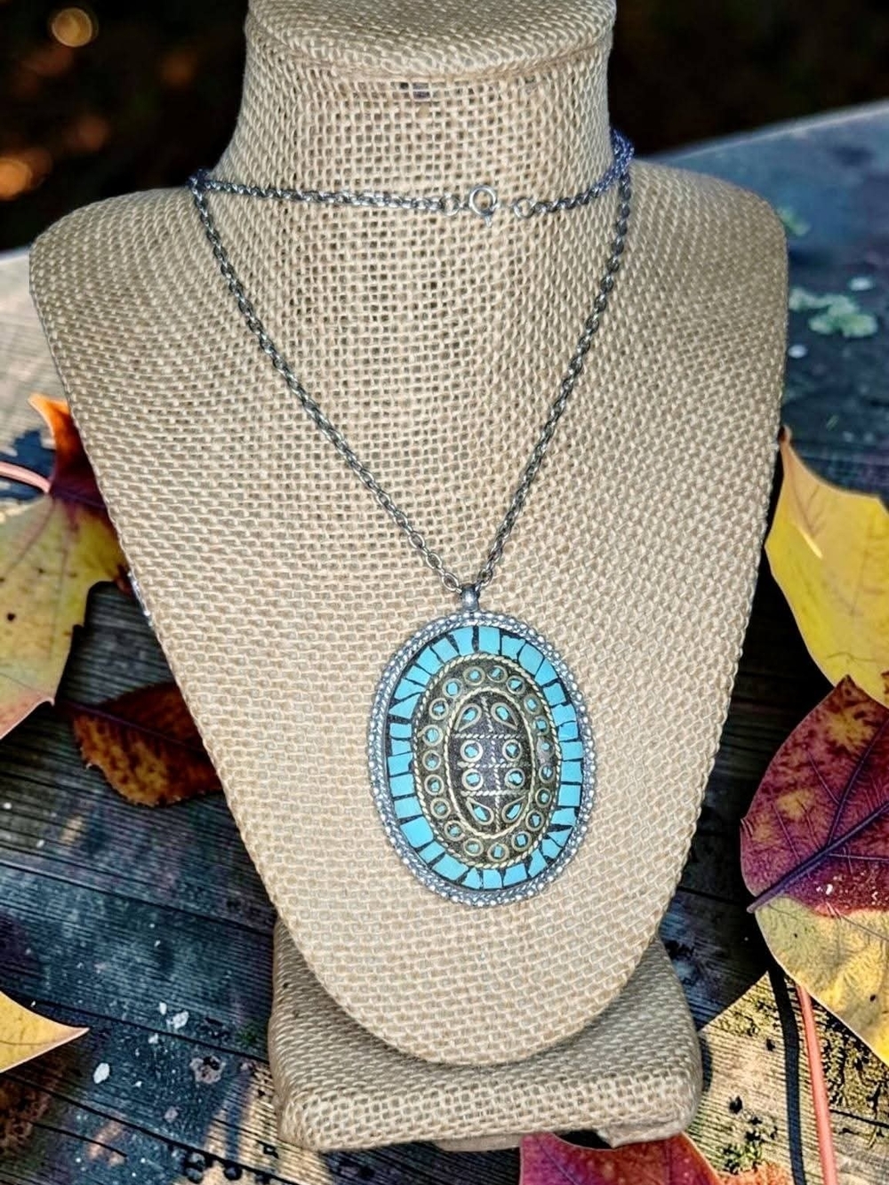 Vintage Nepalese Bohemian Turquoise Mosaic Domed Pendant Necklace